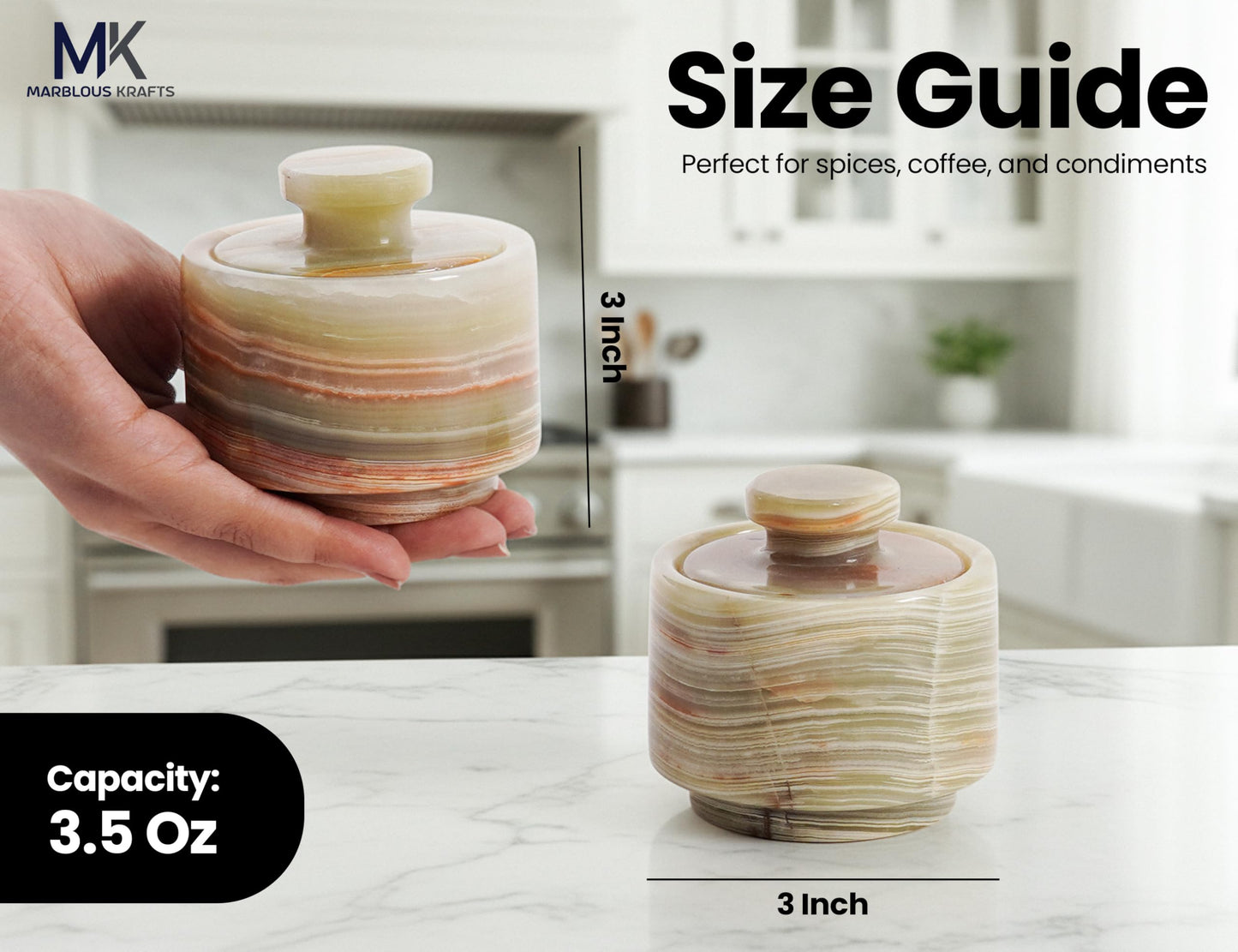 MARBLOUS KRAFTS Marble Small Salt Cellar with Lid 3" Inch Green Onyx Stone Salt Holder Set of 2 for Counter & Stone Salt Container, Salt Dish, Salt Box & Spice Jar, Kitchen Decor