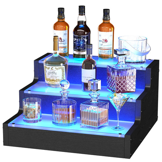 DrawXynth LED Lighted Wine Bottle Display Shelf, 3-Tier Acrylic Liquor Bottle Stand with APP Controlled Multicolor Lighting, Countertop Bar Organizer for Home Mini Bar Party Decor (3 Step 1 Pack)