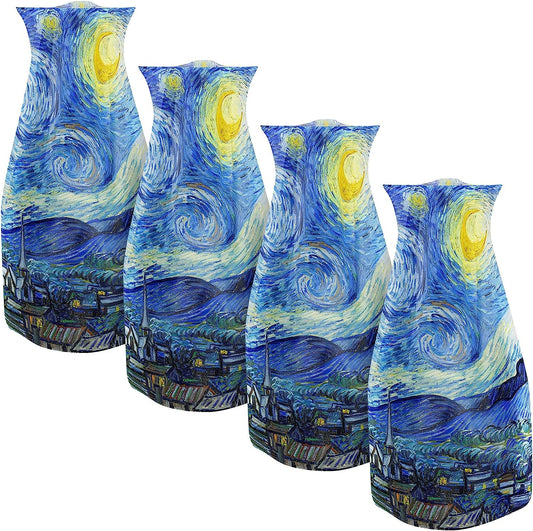 MODGY Expandable Flower Vase, Plastic Decorative Modern Foldable Printed Vases for Centerpieces for Wedding, Dining Table, Home Decor, Living Room, Bathroom, Starry Night, Vincent Van Gogh, 4 Pack