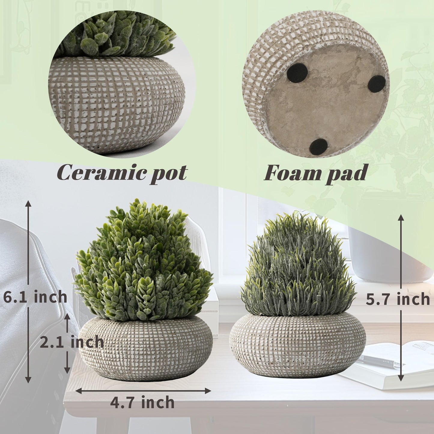 PENGYEE 4 Pack Small Fake Plants in Pulp Pots & 2 Pack Artificial Plants in Cement Planters Bundle