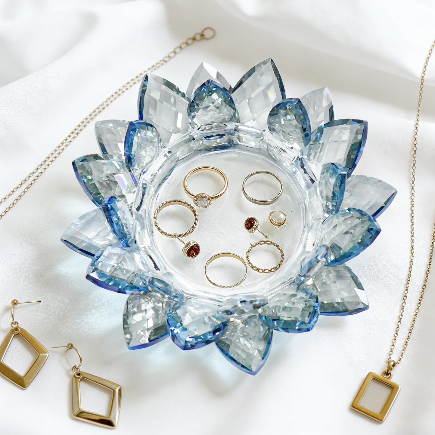 Crystal Flower Jewelry Tray, Luxury Transparent Decorative Trinket Dish for Rings, Earrings, Necklaces, Keys for Vanity Dresser Nightstand, Elegant Gift for Women Mother's Day (1, 6.3"(W)- Blue)