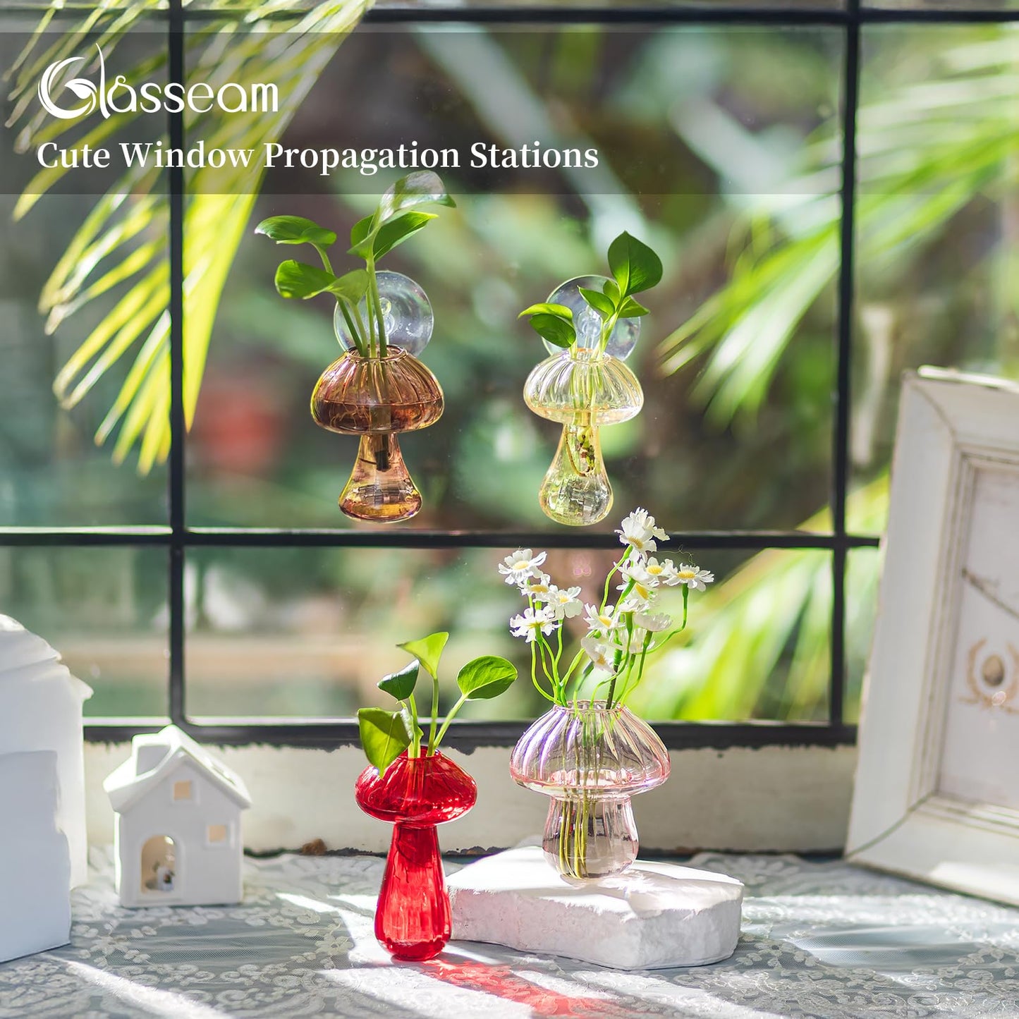 Glasseam Window Plant Propagation Stations: Glass Hanging Mushroom Vases