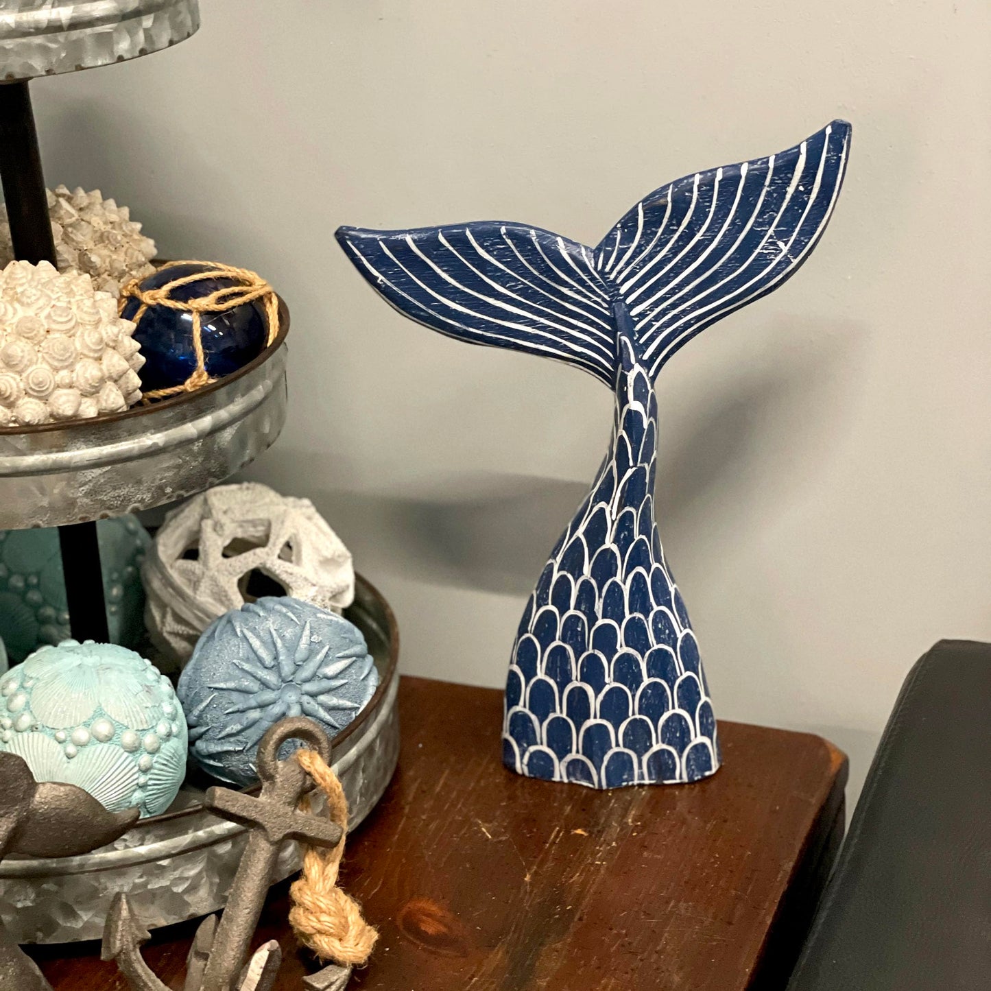 Hand-Carved Navy Blue Wood Mermaid Tail Sculpture – 13.75" Nautical Coastal Table Decor, Beach House Accent, Ocean-Inspired Artisan Art, Indoor Shelf Display Statue, Unique Gift for Ocean Lovers