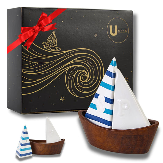 UNEAK -Handcrafted Ceramic Cute Sailboat Salt And Pepper Shaker with Cherry Wood Base/Boat Elegant (2 Pcs Set) Gift Shakers Set Compact Cooking, Kitchen and Dining Room, Classic, Refillable