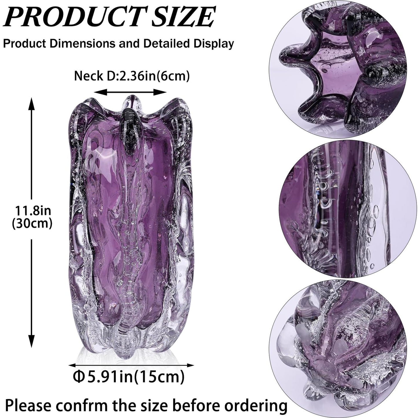 Hand-Blown Art Glass Vase, Modern Ripple Texture Decorative Vase (Purple), Unique Wide-Mouth Glass vase, Table Centerpiece for Home Office Wedding Living Room (Purple, L)