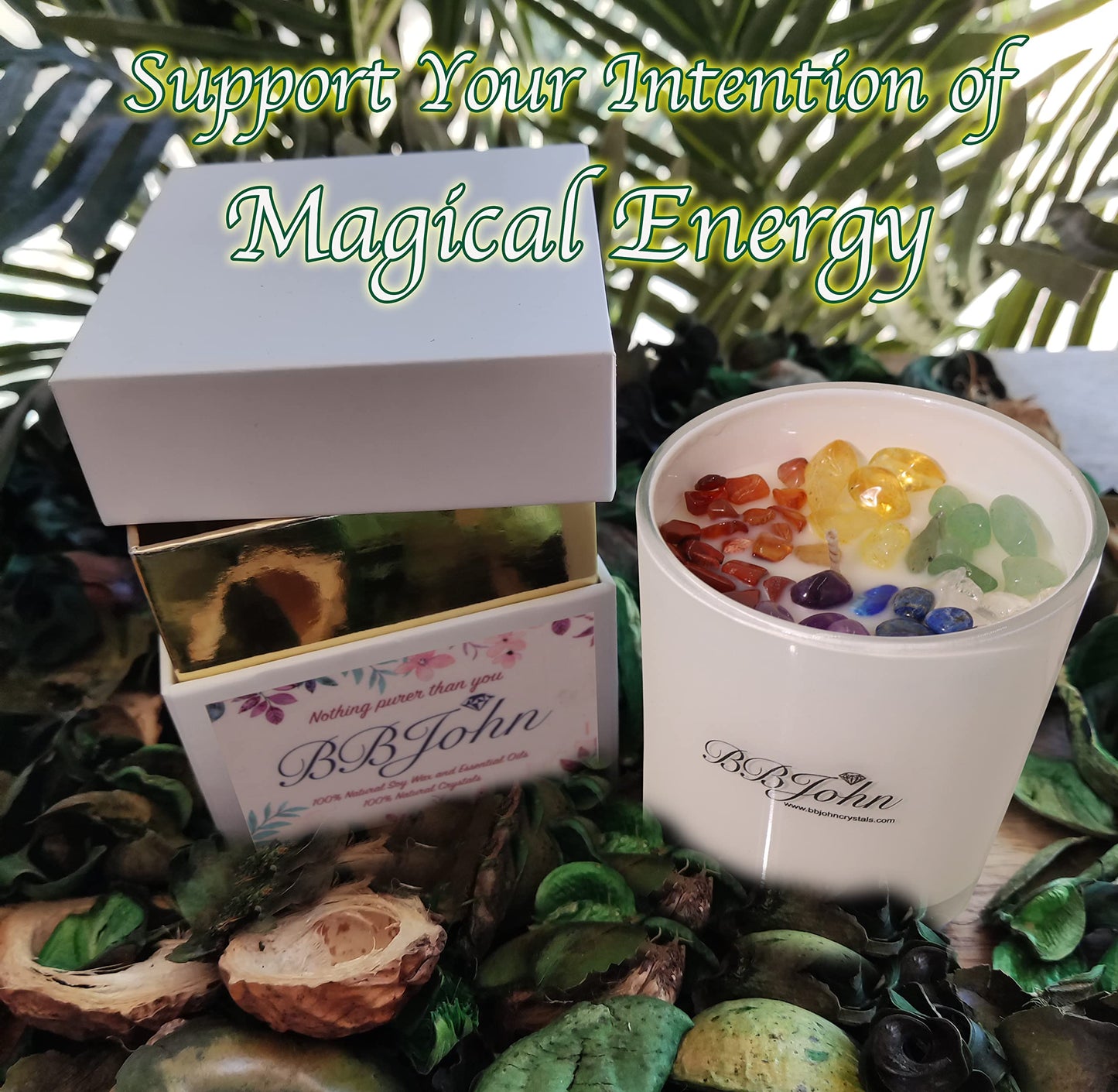 Chakra Crystal Candle - Manifestation Intention - Healing Crystals Gemstones - Seven Chakras Stones - Meditation - Spiritual Aromatherapy - Stress Relief, Relaxing & Balance - Natural Soy Wax