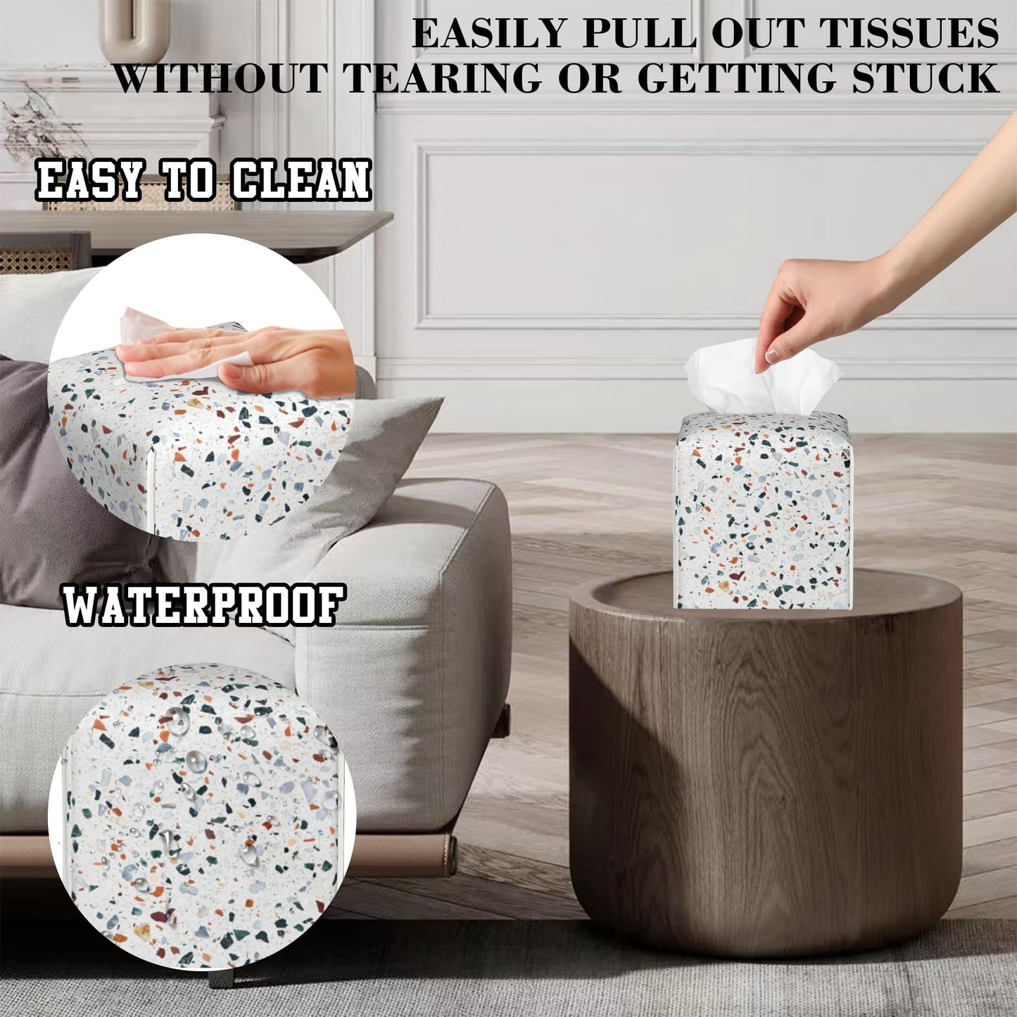 OHEGBXE Tissue Box Cover Terrazzo Marble Tile Leather Tissue Box Holder Cube Paper Case Cover Facial Paper Organizer Dispenser for Bathroom, Vanity Countertop, Office Desk