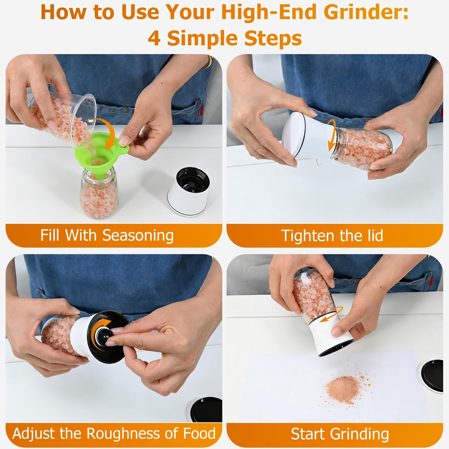 R DRURLCD White Salt and Pepper Grinder Set of 2, Manual Ceramic Spice Mills with Stainless Steel & Glass Body, Adjustable Grinding for Kitchen Decor & Gifts