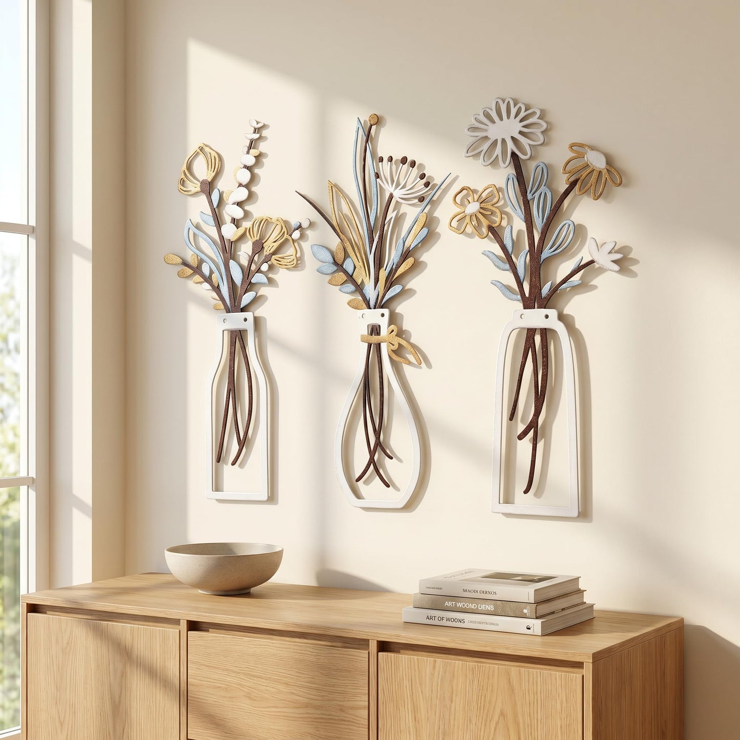 NCzhaozhao 3 Pieces White Metal Flower Vase Wall Art Sculptures | Minimalist Botanical Wall Decor for Living Room Bathroom Bedroom Kitchen Farmhouse Home Decor