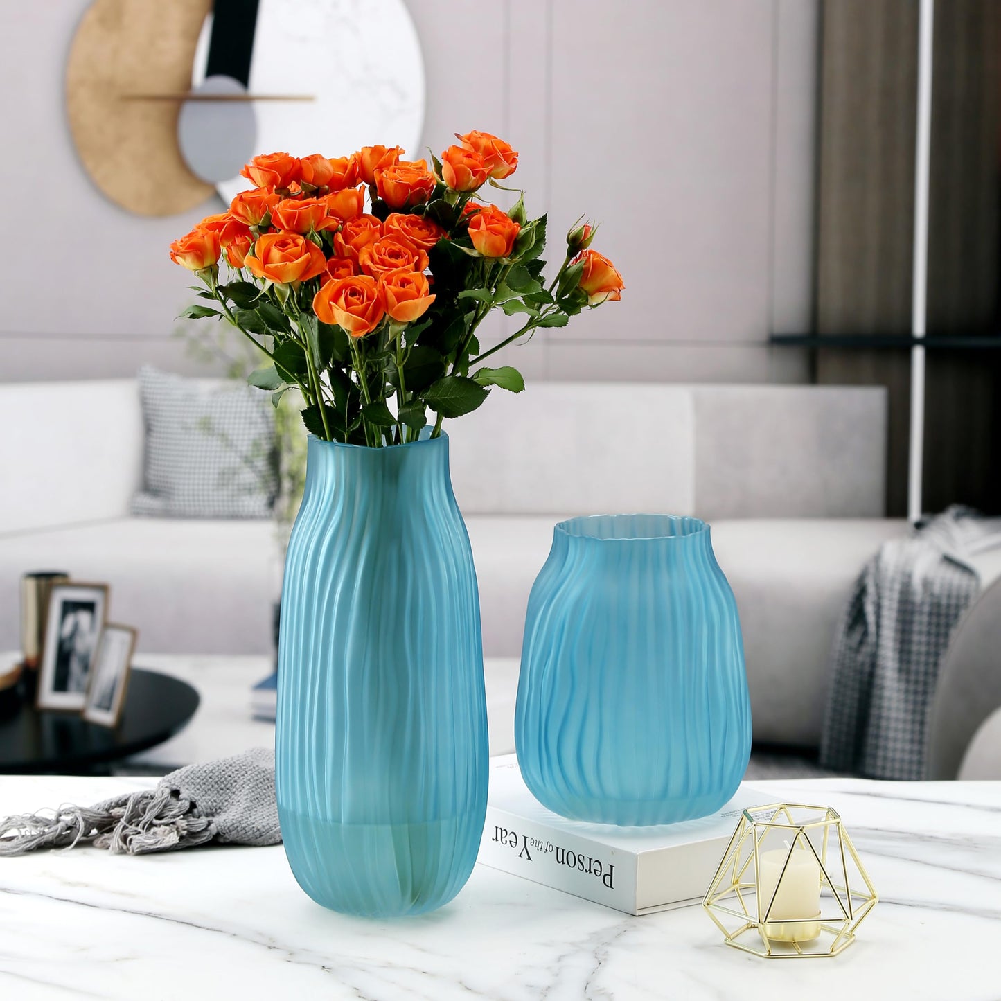 Frosted Blue Ribbed Glass Vase 8in Boho Elegant Decorative Vases for Home Flowers Arrangements, Centerpieces, Dinner Table and Modern Decor