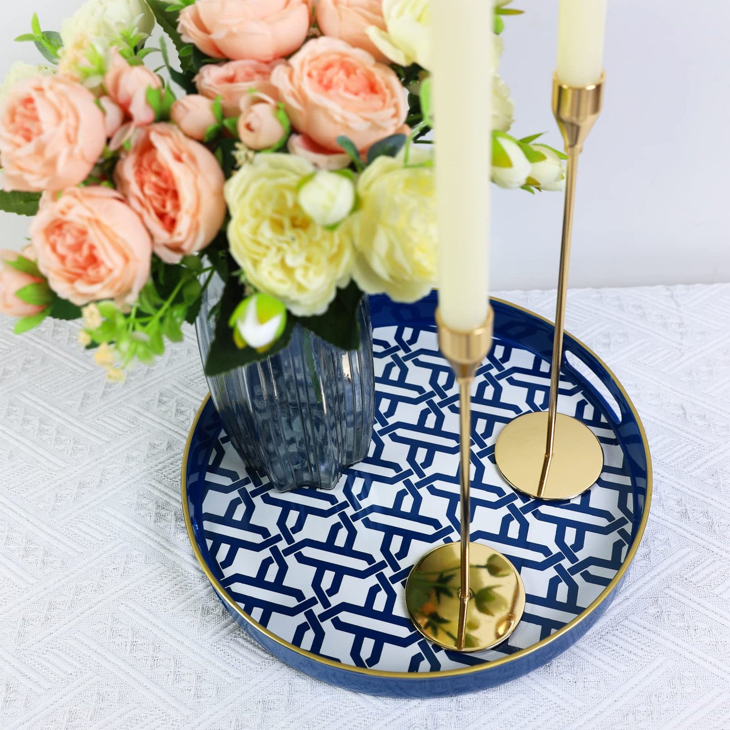 Spsyrine Round Decorative Tray, Plastic Serving Table Tray with Handles for Ottoman, Coffee Table, Bathroom, Kitchen, Living Room, White