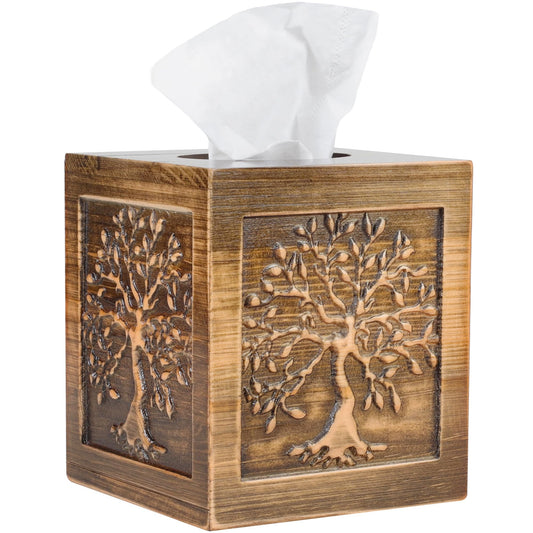 Ukwell Embossed Wood Tissue Box Cover Square Brown Tissue Holder Lacquered Tree of Life Design Rustic Vintage Home Decor for Bathrooom Bedroom Living Room
