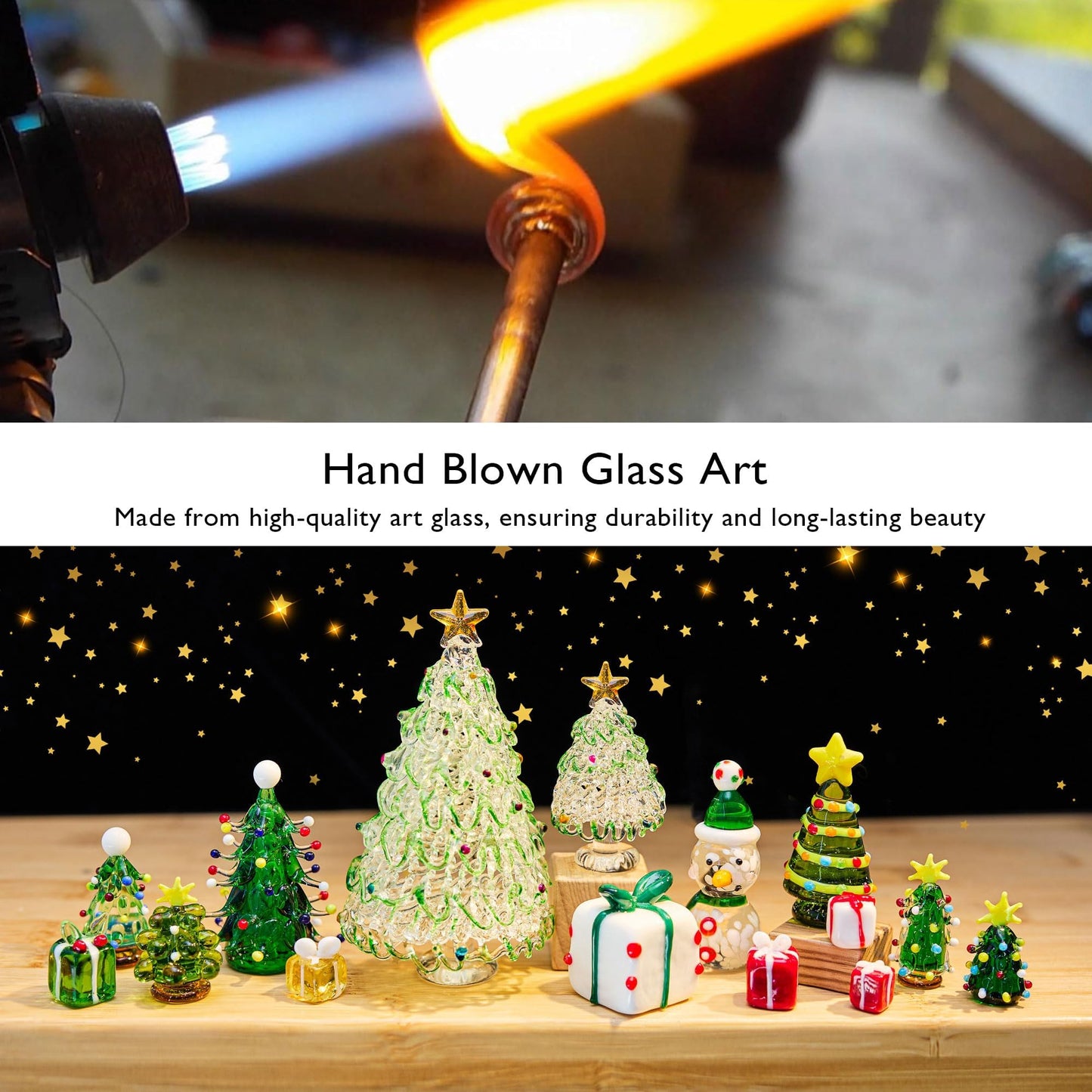 HDCRYSTALGIFTS Set of 4 Mini Blown Glass Christmas Figurines Collectible Miniatures Glass Christmas Tree & Snowman & Gift Box Ornaments Festival Gifts for Winter Holiday Home Tabletop Decor