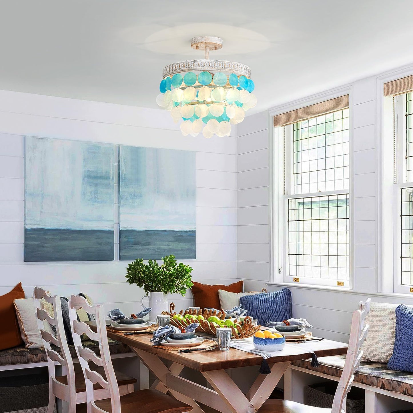 ElegLumi Capiz Shell Ceiling Light, 3-Light Gold Capiz Shell Close to Ceiling Light Fixture for Dining Room, Bedroom, Hallway, D13 × H13inch, Vintage White Finish Frame & Blue Capiz Shell
