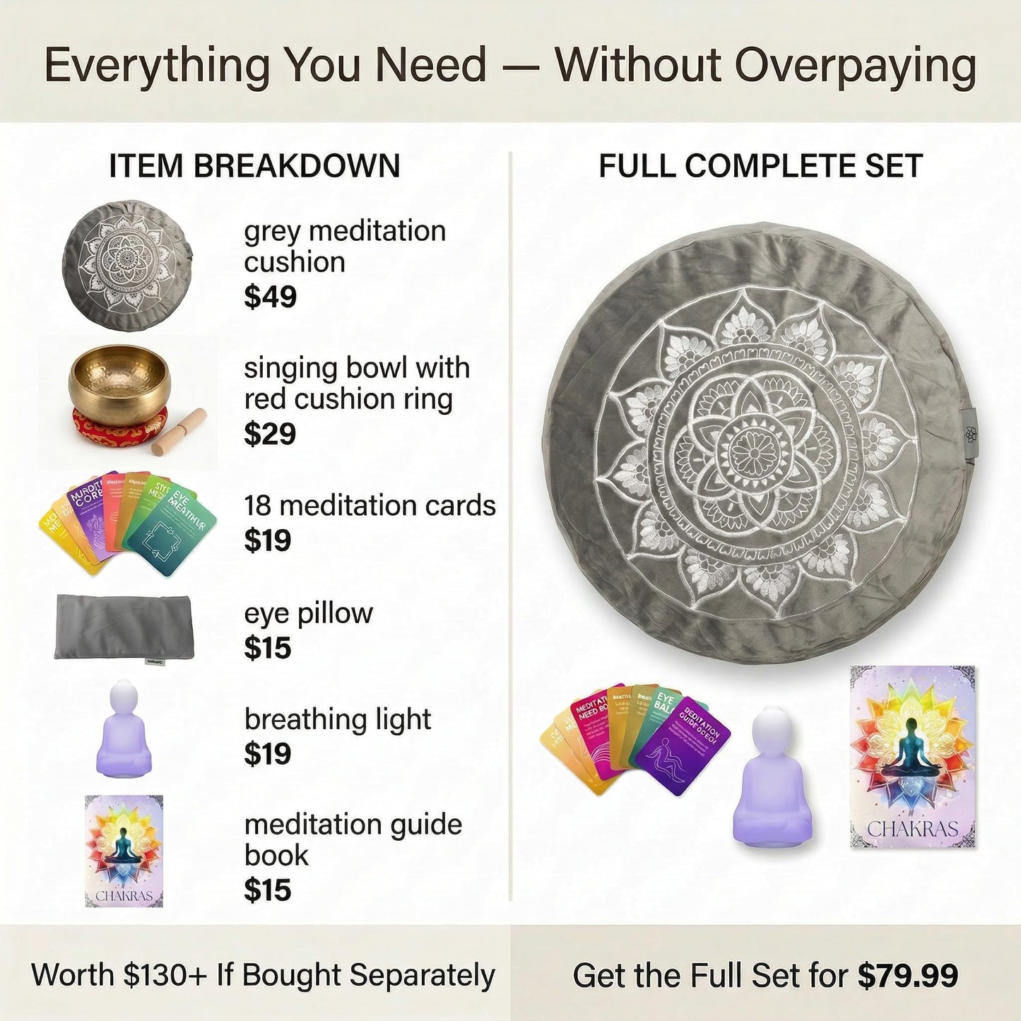 GAGAGIGO Meditation Cushion Set with Buckwheat Zafu, Breathing Light, Singing Bowl, Eye Pillow & Affirmation Cards – Meditation Kit for Beginners, Mindfulness Gift Set for Stress Relief & Yoga