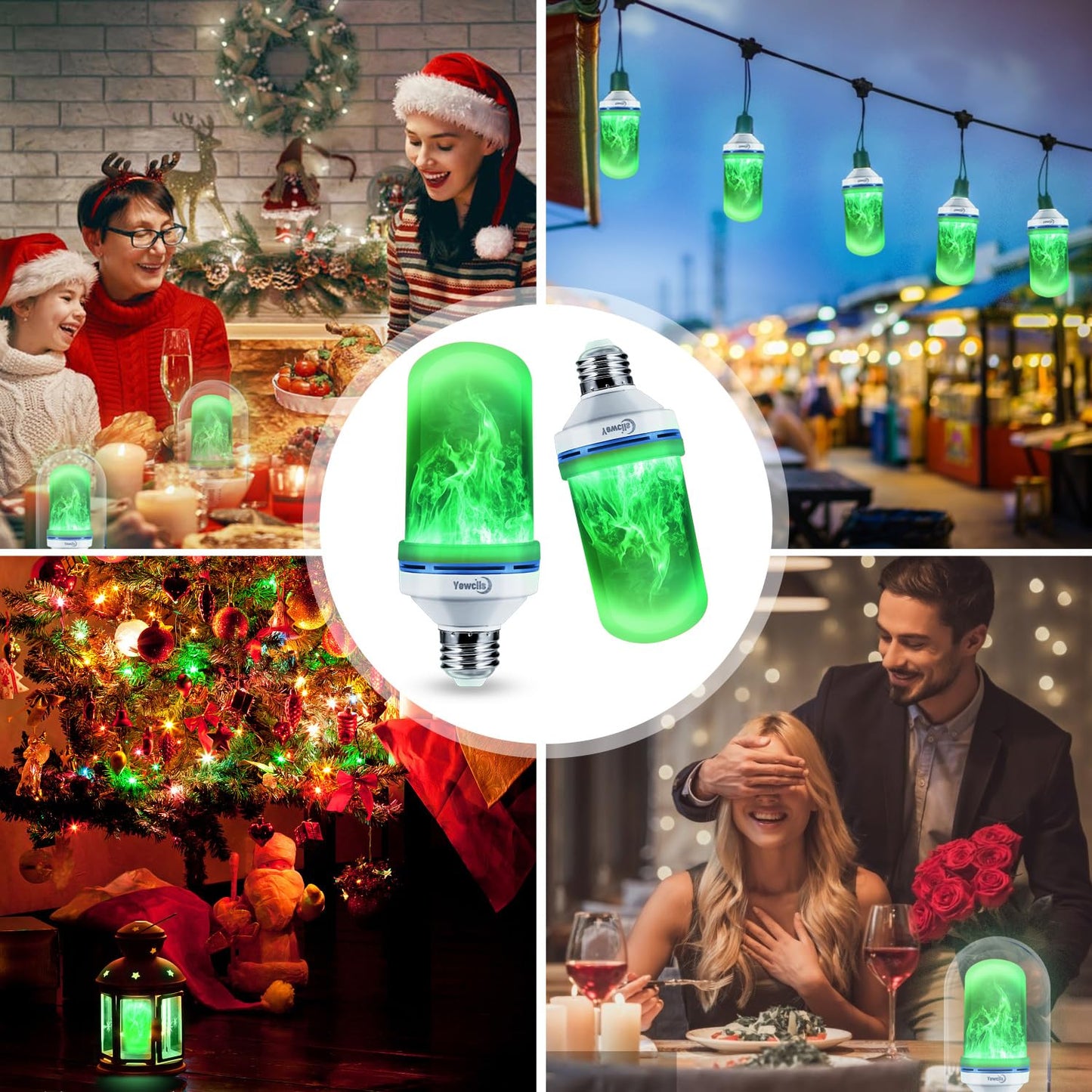 Yewclls LED Flame Effect Light Bulb, 4 Modes E26 Base Fire Light Bulbs with Gravity Sensor (Green - 2 Pack)