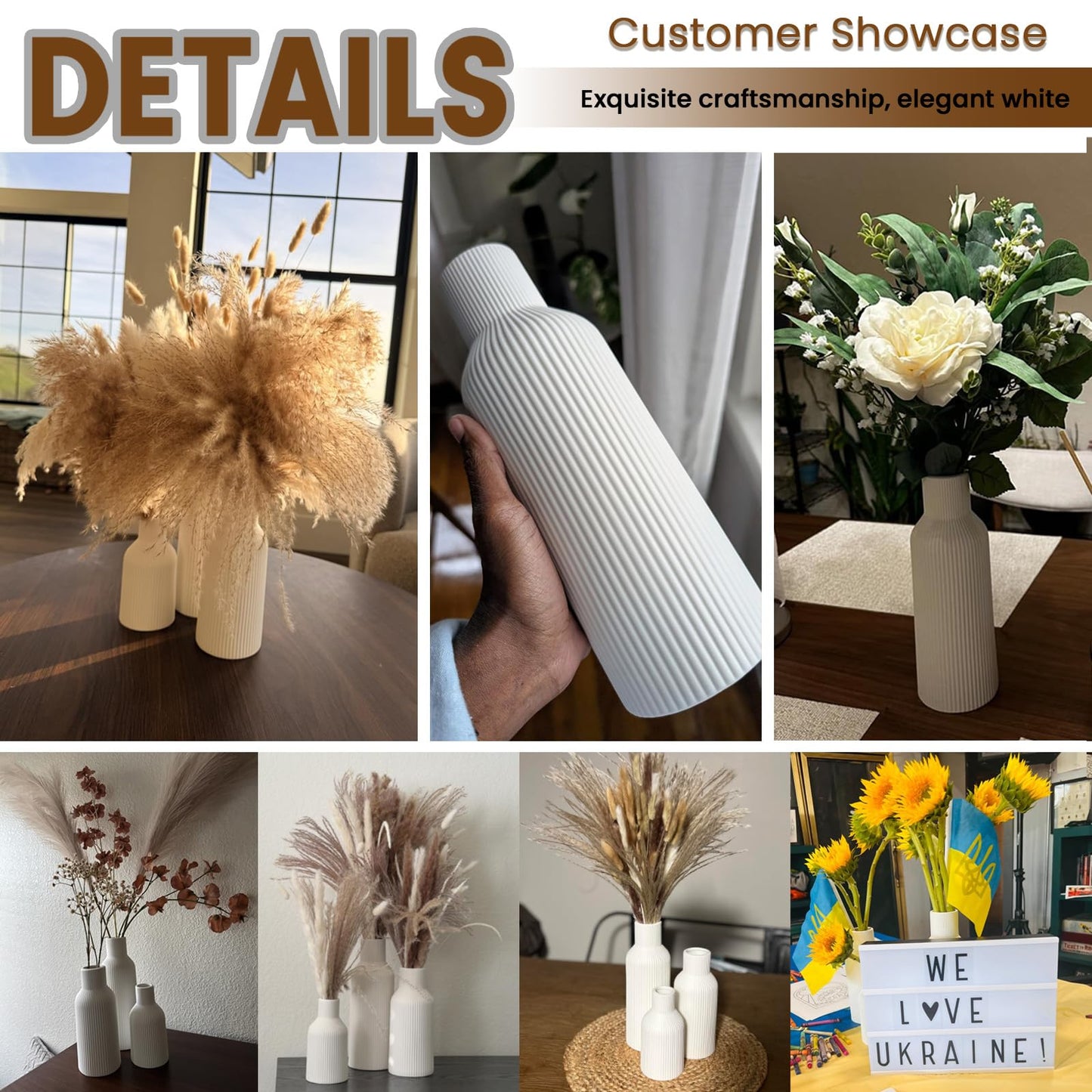 TrendEcoHome Beige Ceramic Flower Vases Set of 3, Modern Smooth Ribbed Texture, Nordic Minimalist Decor for Pampas, Dried & Fresh Flowers, Centerpiece for Living Room, Shelf, Entryway, Wedding
