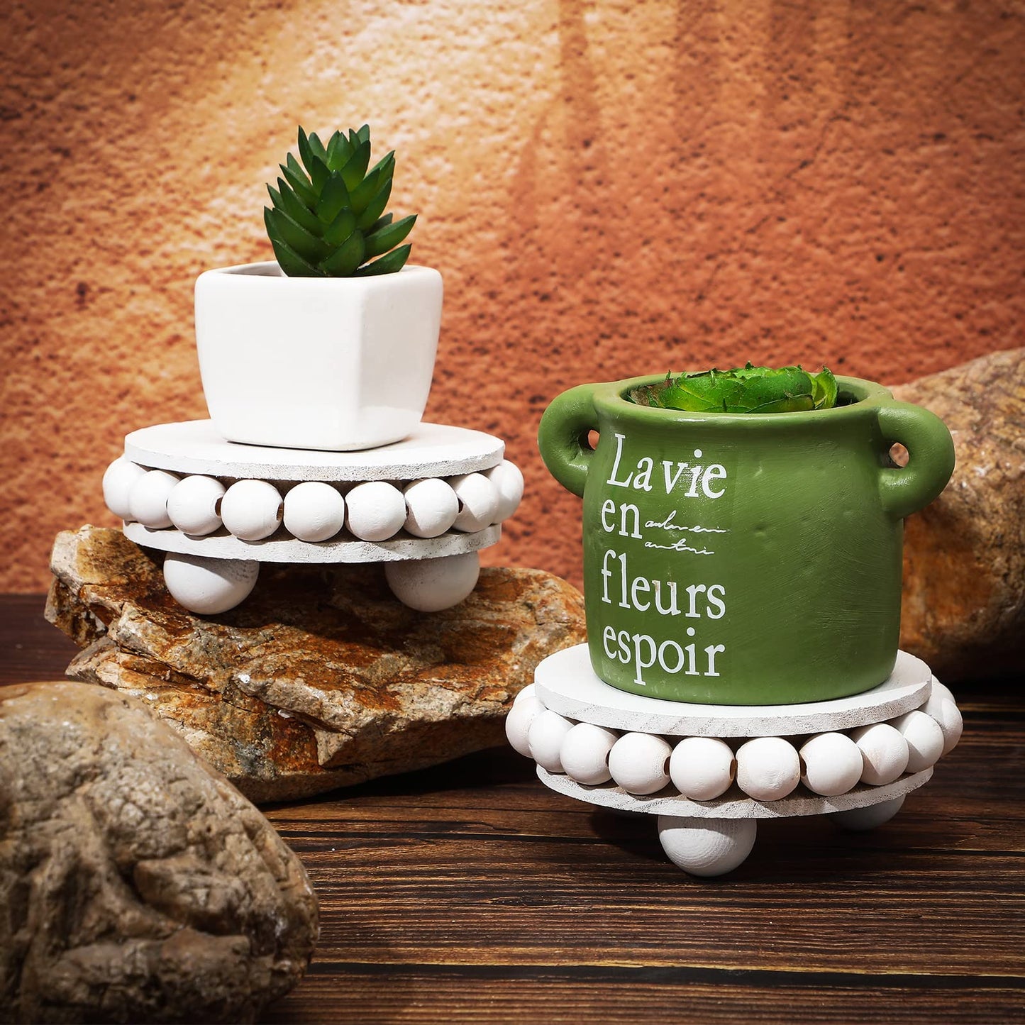 Yookeer 2 Pcs Wooden Risers for Displays Round Wood Riser Distressed Wood Risers Farmhouse Pedestal Display Stand Rustic Pedestal Stand Beaded Decor for Tiered Trays Home(3.94 Inch,White)