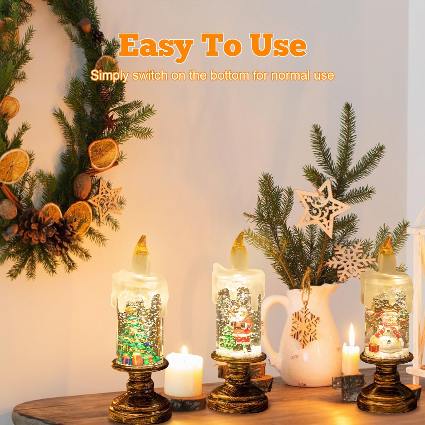 AVEKI Christmas Flameless Candles, Snow Globe Candles Light with Fluttering Sequins, Battery Operated Taper Candles for Home Party Christmas Decorations (Christmas Tree)