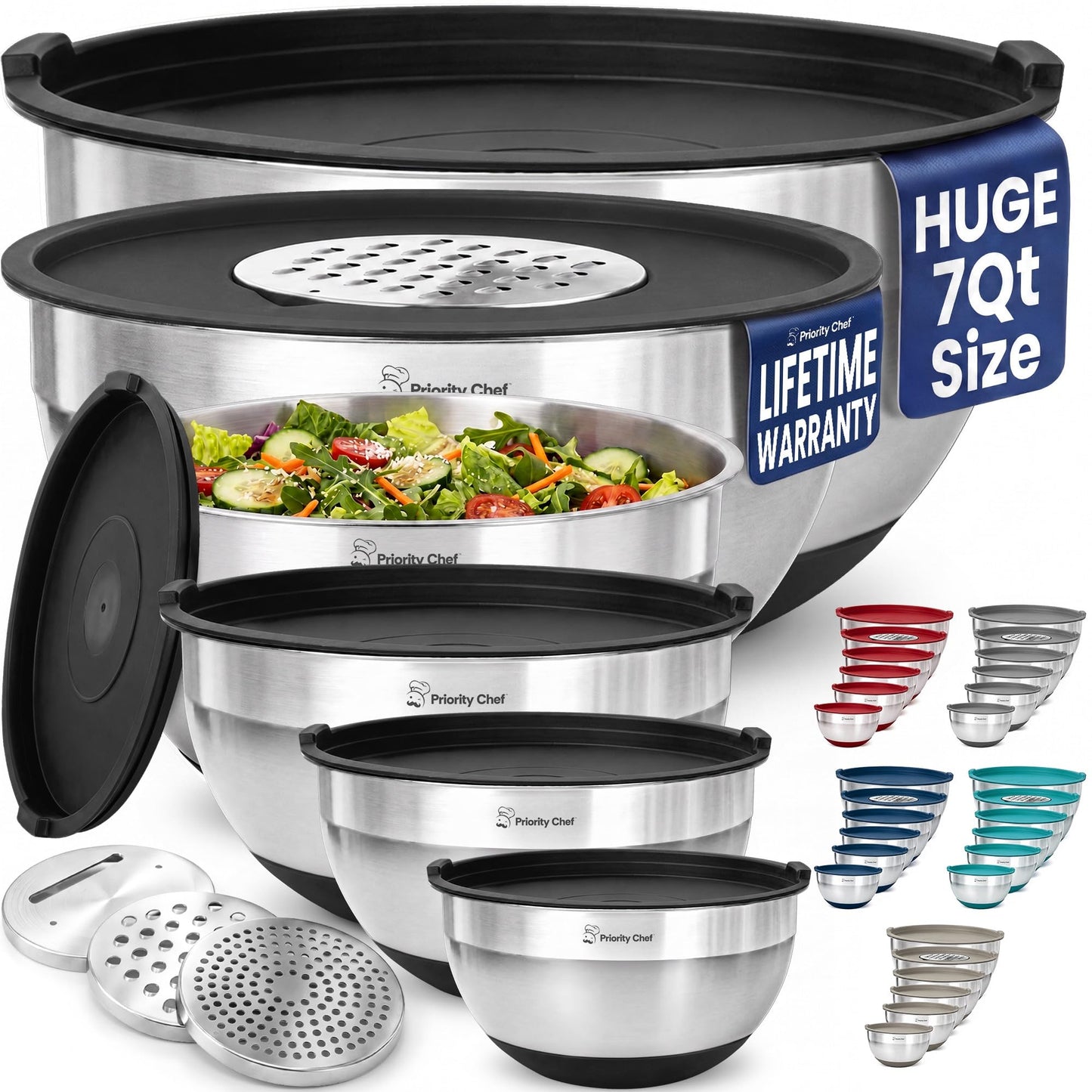 Priority Chef 6pc Stainless Steel Mixing Bowls with Lids Set, 7 Qt, Black