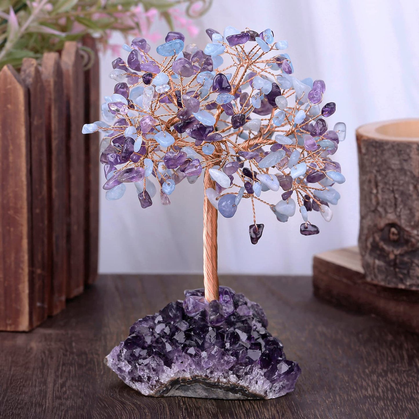 Cheungshing Healing Crystals Money Tree with Natural Amethyst Base, Crystal Stone Feng Shui Bonsai Figurines Tree of Life Decoration for Home Table Office, Amethyst & Aquamarine