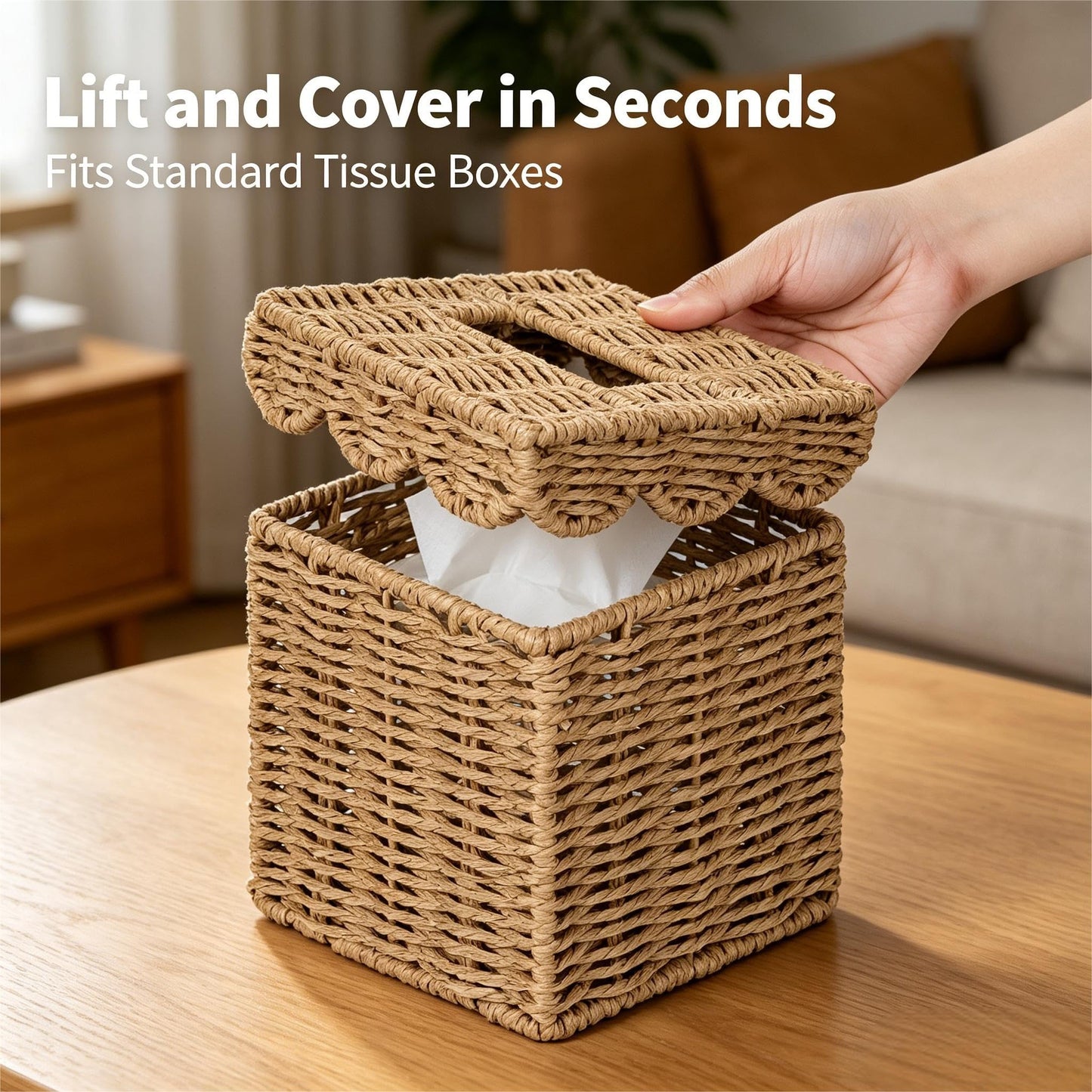 CubesLand Tissue Box Cover, Square Wicker Tissue Box Holder Facial Tissues Boxes w/Scalloped Lid for Bathroom Decor, Living Room Table Decor, Rustic Farmhouse Boho Home Decor, Handwoven, Neutral