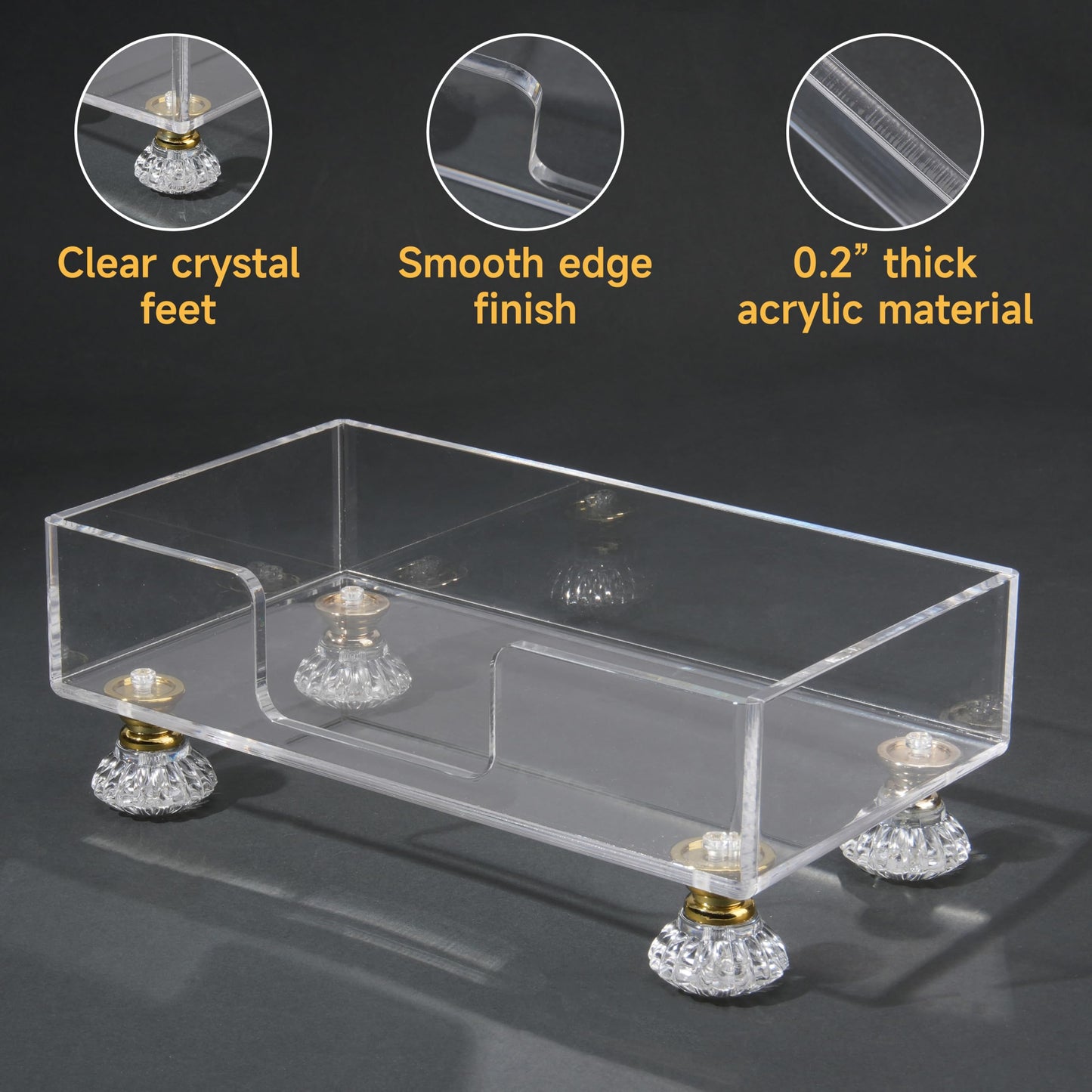 Acrylic Napkin Holder with Feet, LUVCOSY Acrylic Guest Towel Holder, Clear Hand Towel Storage Tray, Unique Crystal Feet Design, Paper Towel Dispenser for Bathroom, Kitchen, 9x5 Inches - Rectangular