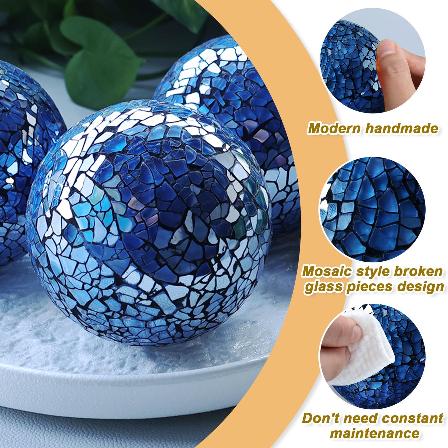 Yazikisa 3 Pack Blue Decorative Orbs Mosaic Crack Glass Balls Decor Solid Sphere Globe Bowl Vase Fillers Holiday Living Room Mantle Basket Centerpiece 3.35 Inch