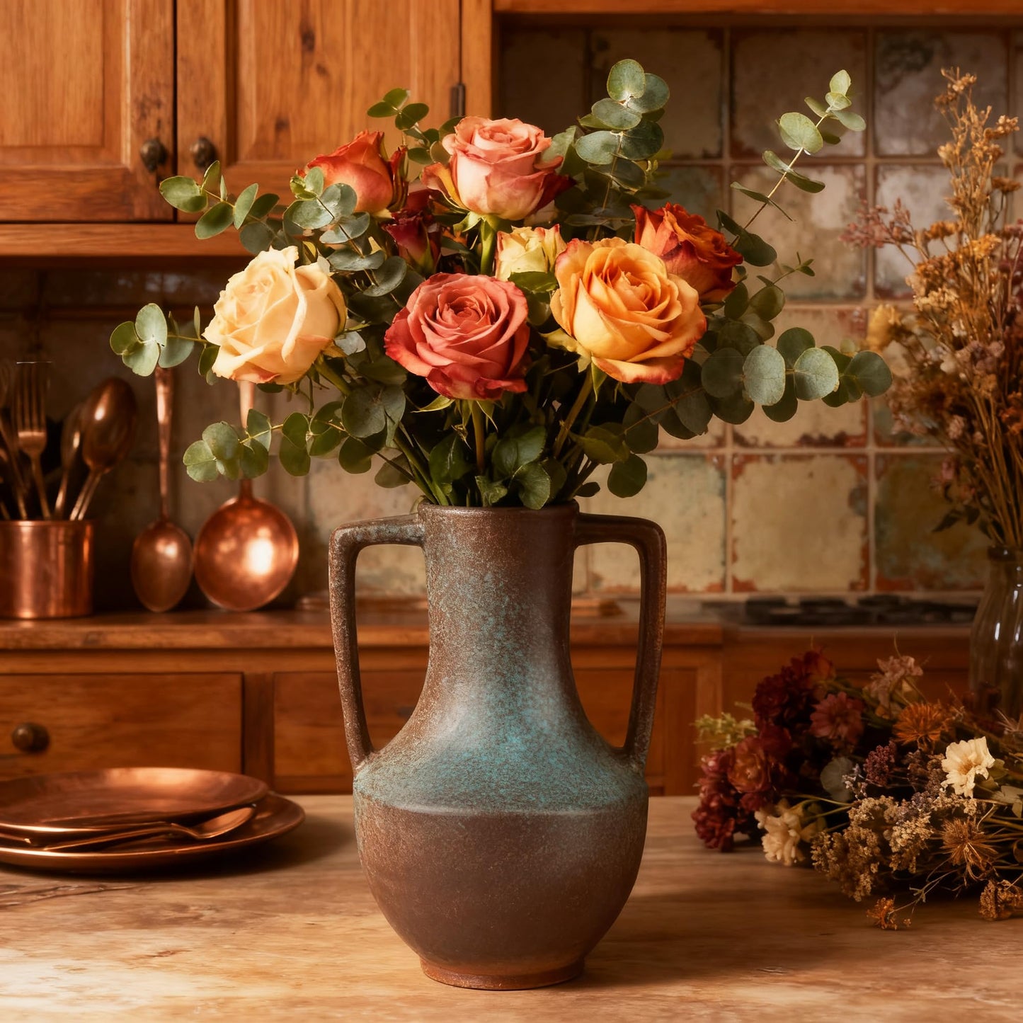 ArtCachet Ceramic Flower Vase with Handles,7.8" Tall Vase for Centerpieces,Large Decorative Terracotta Vases, Farmhouse Rustic Pottery Vase for Home Decor Living Room,Table,Shelf or Mantel