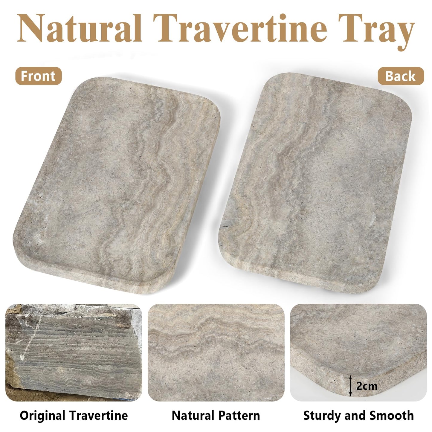 Moujings Natural Travertine Vanity Tray - Decorative Stone Marble Tray for Bathroom Countertop, Elegant Organizer for Home Decor, Jewelry, Candle, Makeup, Kitchen and Dresser Decor
