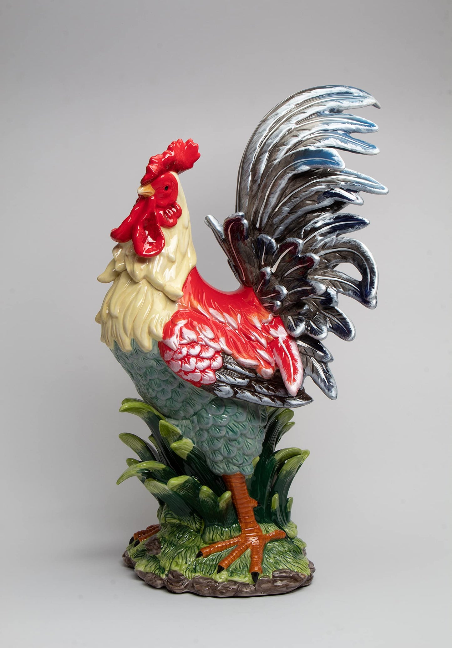 Cosmos Gifts Fine Ceramic Large Tuscany Red Cobalt Blue Rooster Figurine, 23-1/2" H