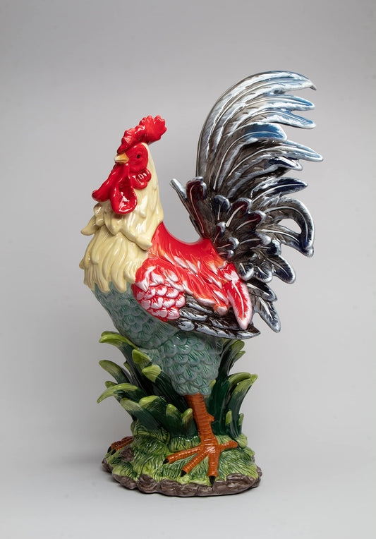 Cosmos Gifts Fine Ceramic Large Tuscany Red Cobalt Blue Rooster Figurine, 23-1/2" H