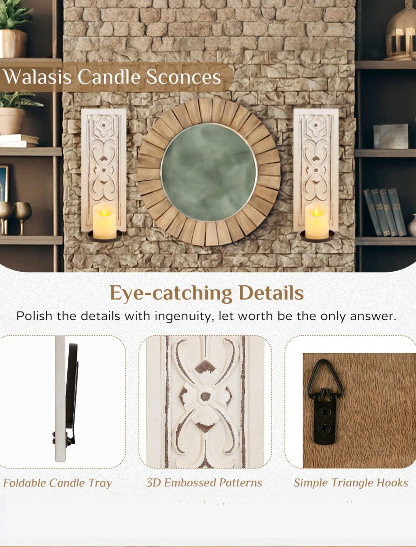 Walasis Rustic Candle Sconces Wall Decor Set of 2 - White Farmhouse Art Distressed Thickened Candles Shelf for Bathroom Bedroom Fireplace - Wood Wall Candle Holders for Pillar Candles Plants