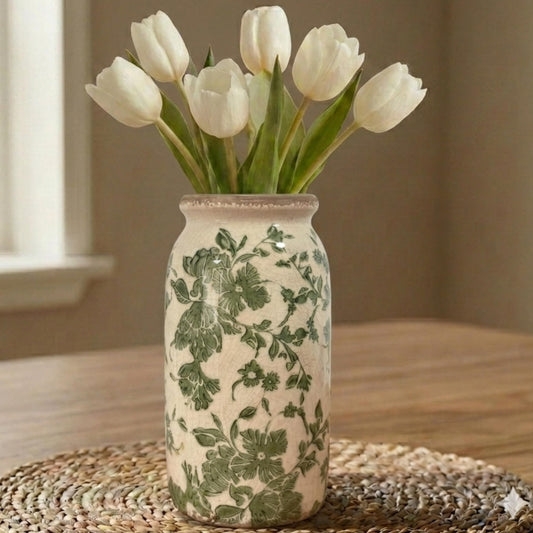SincereLuxe Vintage Green Floral Ceramic Vase, 8 Inch Crackle Glaze Rustic Handmade Vase, Decorative Pottery for Fresh or Dried Flowers, Farmhouse Cottage Modern Rustic Decor
