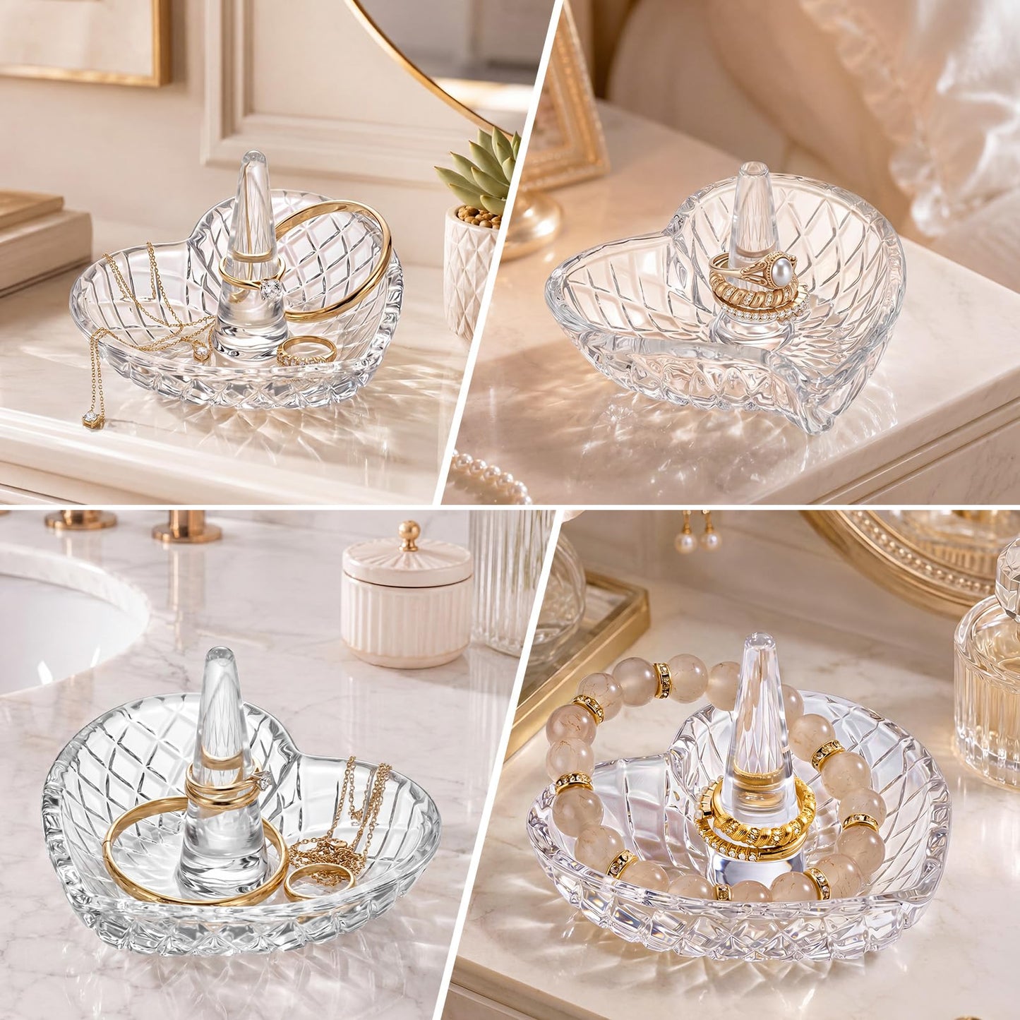 Yiyiring 2 Pack Heart Shaped Ring Holder Dish for Women, Crystal Glass Jewelry Tray for Wedding, Engagement, Bathroom Sink, Nightstand, Gift for Mom Wife Girlfriend