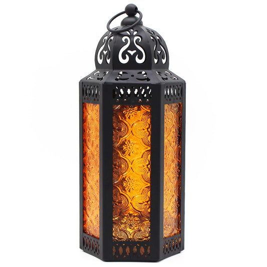 CVHOMEDECO. Decorative Candle Lantern Moroccan Lanterns Vintage Black Metal Lantern Holder for Home Patio Outdoor Decor. Amber Glass, Medium