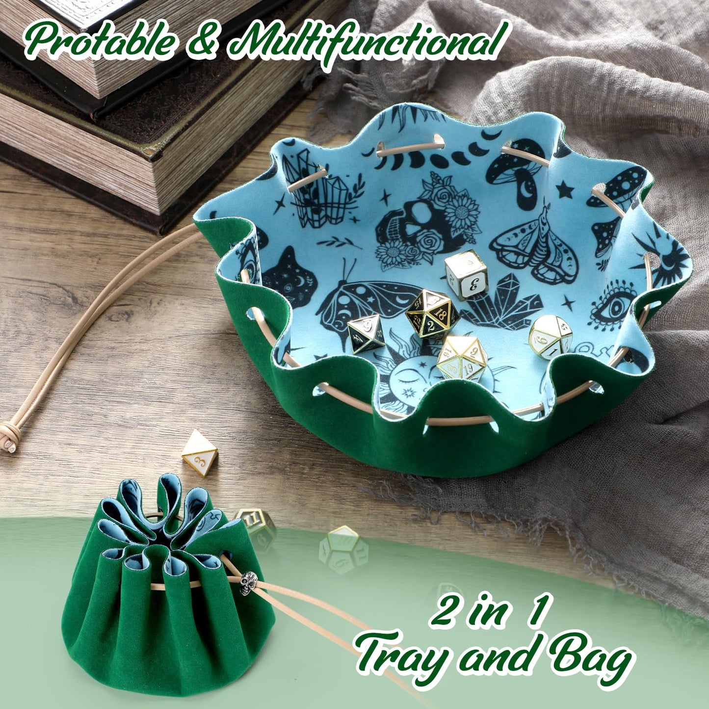 CiyvoLyeen Green Dice Rolling Tray Storage Bag with Velvet DND Dice Tray - Perfect for RPG Players, Tabletop Gamers, DND Accessories Gifts Storage - Ideal for Jewelry, Coins, Keys