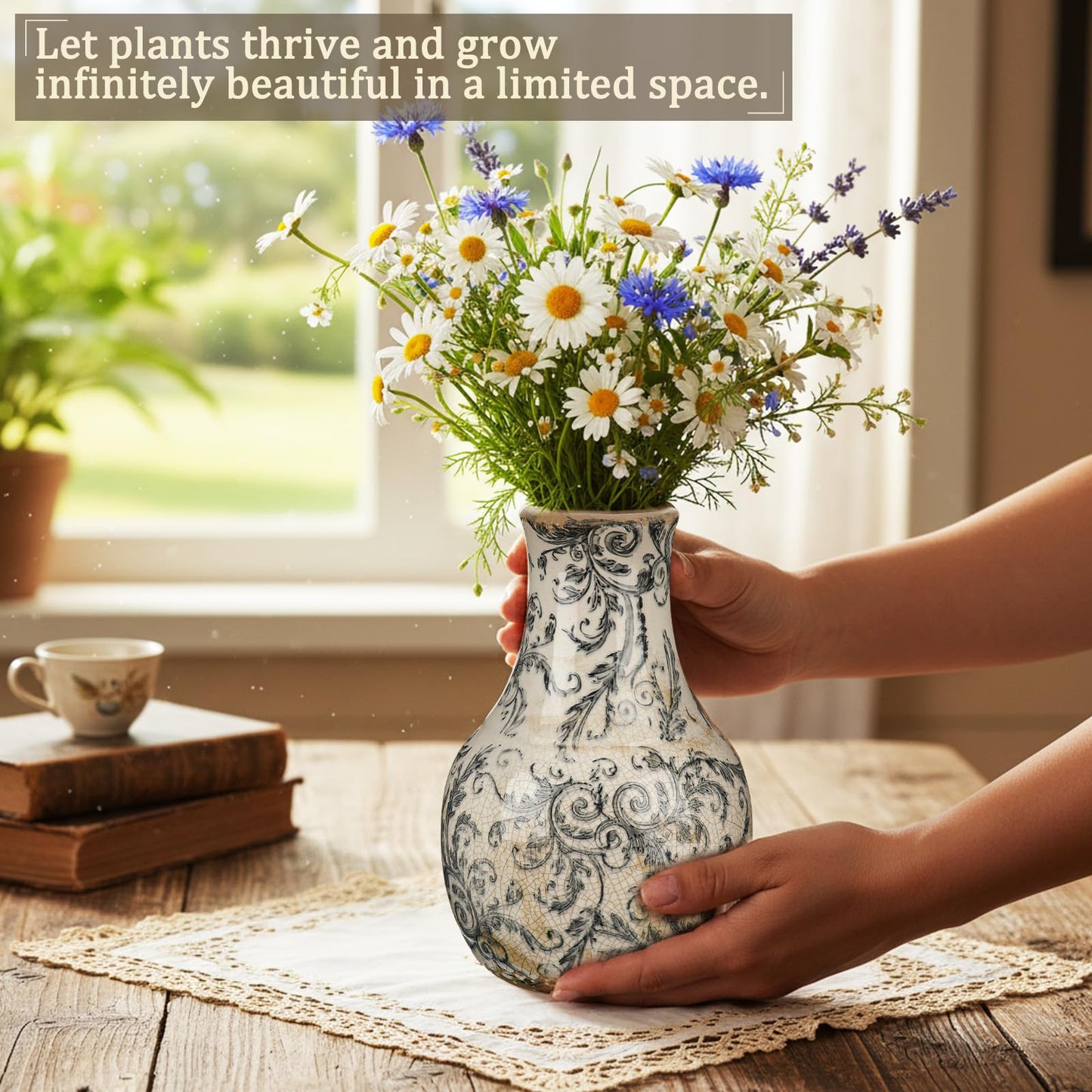 LemonRoad Vintage Ceramic Flower Vase 5.7 Inch Chinoiserie Ice Cracked Glaze Porcelain Vase Rustic Ceramic Large Centerpieces for Home Table Living Room Bookshelf Office(Vine Style)