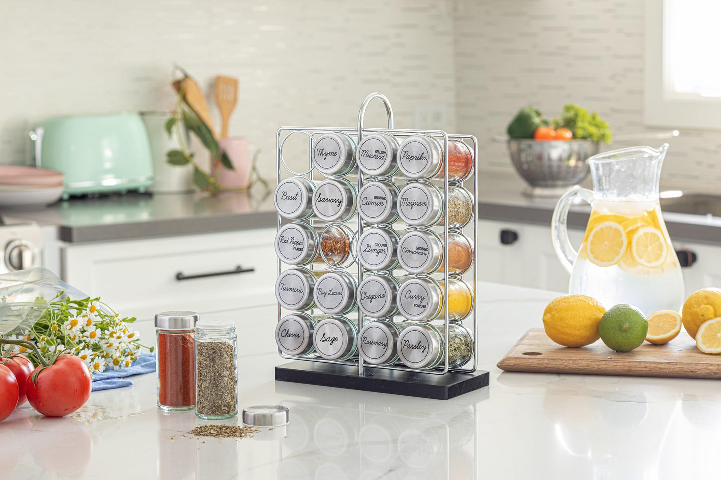 Orii 20 Jar Spice Rack Stainless Steel with Spices Included - Standing Rack Shelf Holder & Countertop Spice Rack Tower Organizer for Kitchen Spices