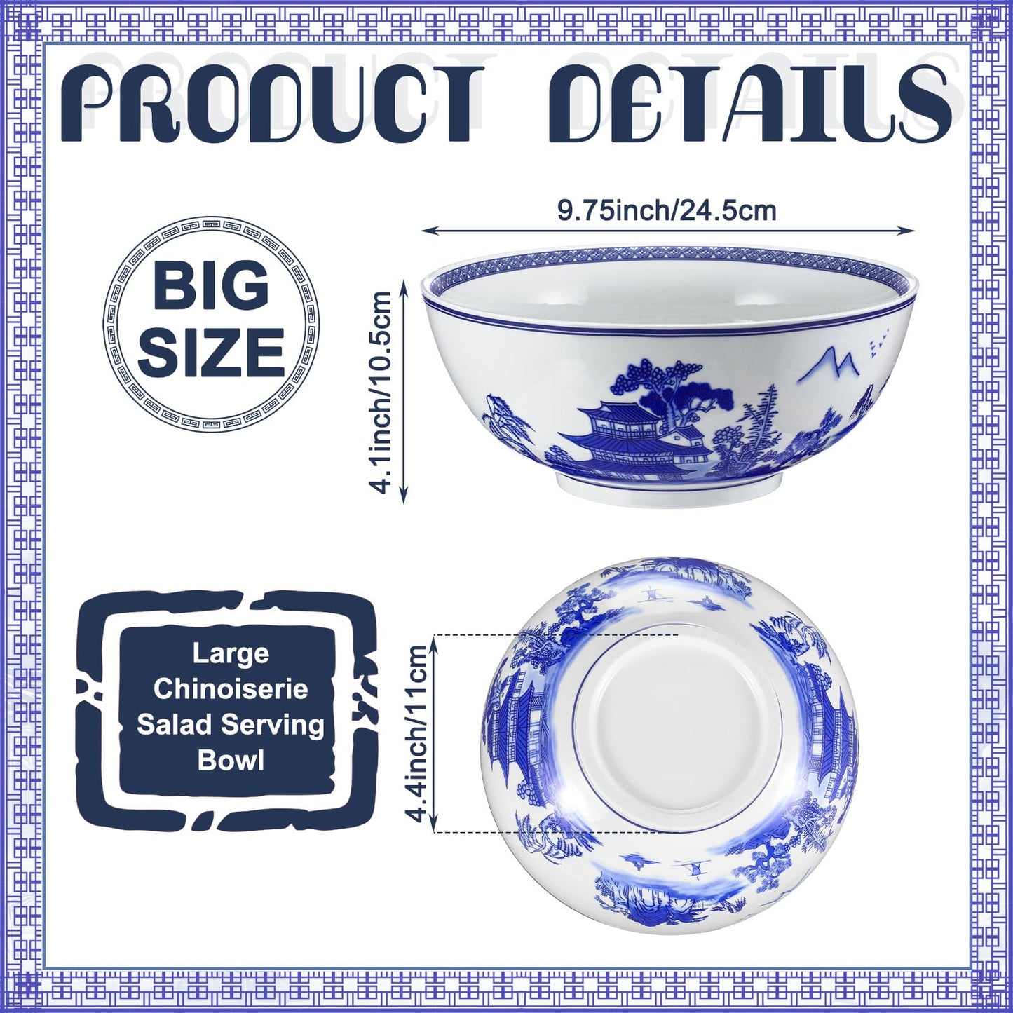 Reallnaive Christmas Chinoiserie Gift Large Salad Serving Bowl Blue and White Porcelain Bowl 9.7" x 4" Chinese Landscape Decorative Ceramic Serving Plate for Kitchen Salad Soup Fruit Home Decoration