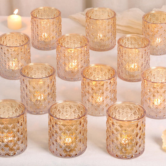 MATAHUM 12 Pcs Large Votive Candle Holders 2.8 * 3.2 inch Gold Tea Light Candle Holders Glass Candle Holder for Bridal Shower, Wedding, Table Centerpiece, Party, Home Decor