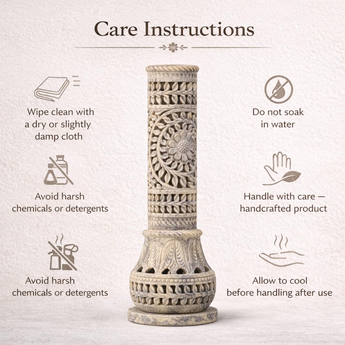 Carry Me Marble Soapstone Incense Stick Holder | Candle Burner | Tea Light Stand - Perfect Handmade Bottle Tower. Decorative Floral Carving for Gifting - Home and Office Decor - (3x3x10.5 Inches)