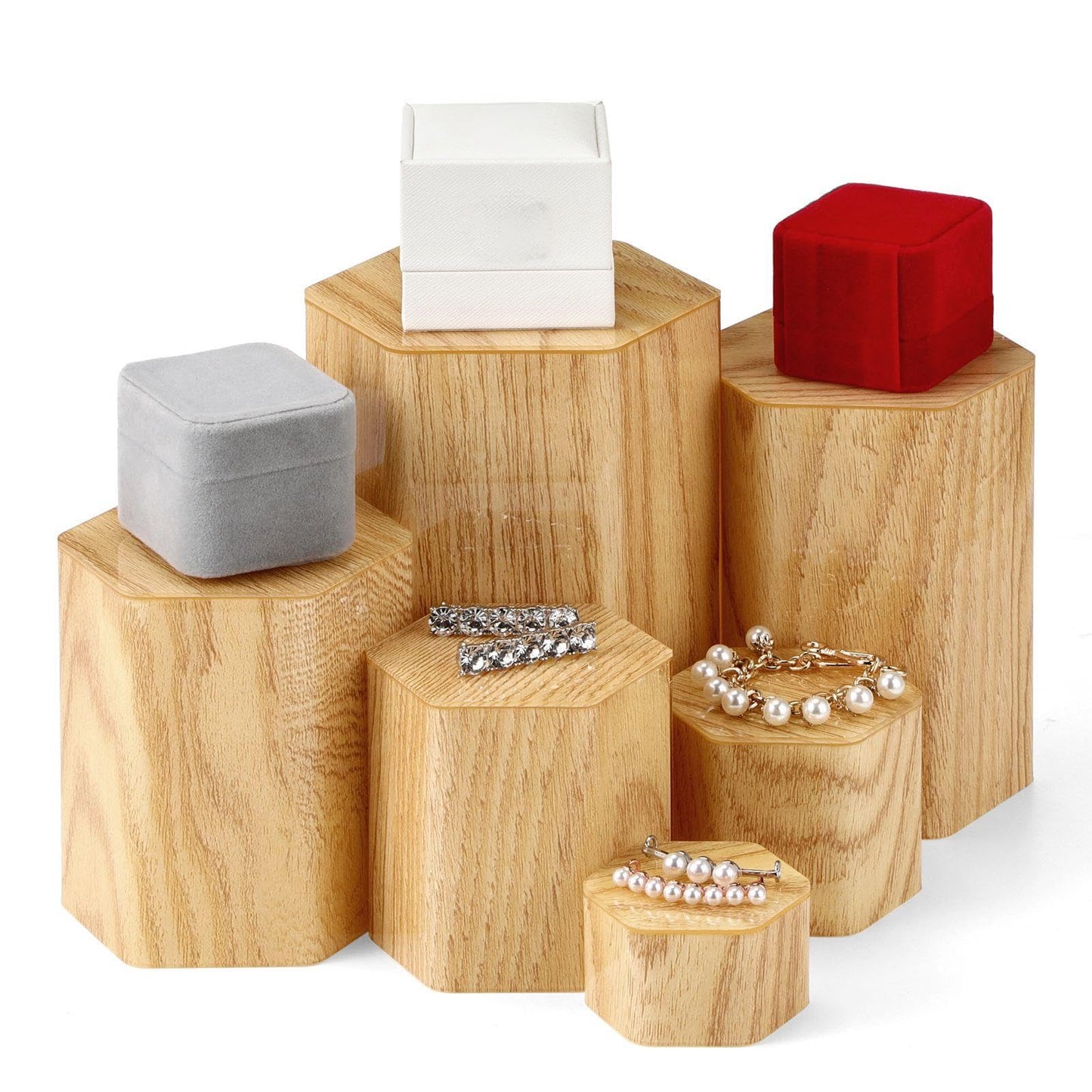 Jetec 12 Pcs Hexagonal Jewelry Display Risers Hexagonal Market Display Risers Stands Acrylic Showcase Acrylic Stand for Jewelry Model Figures Decoration, 6 Sizes (Woodgrain)