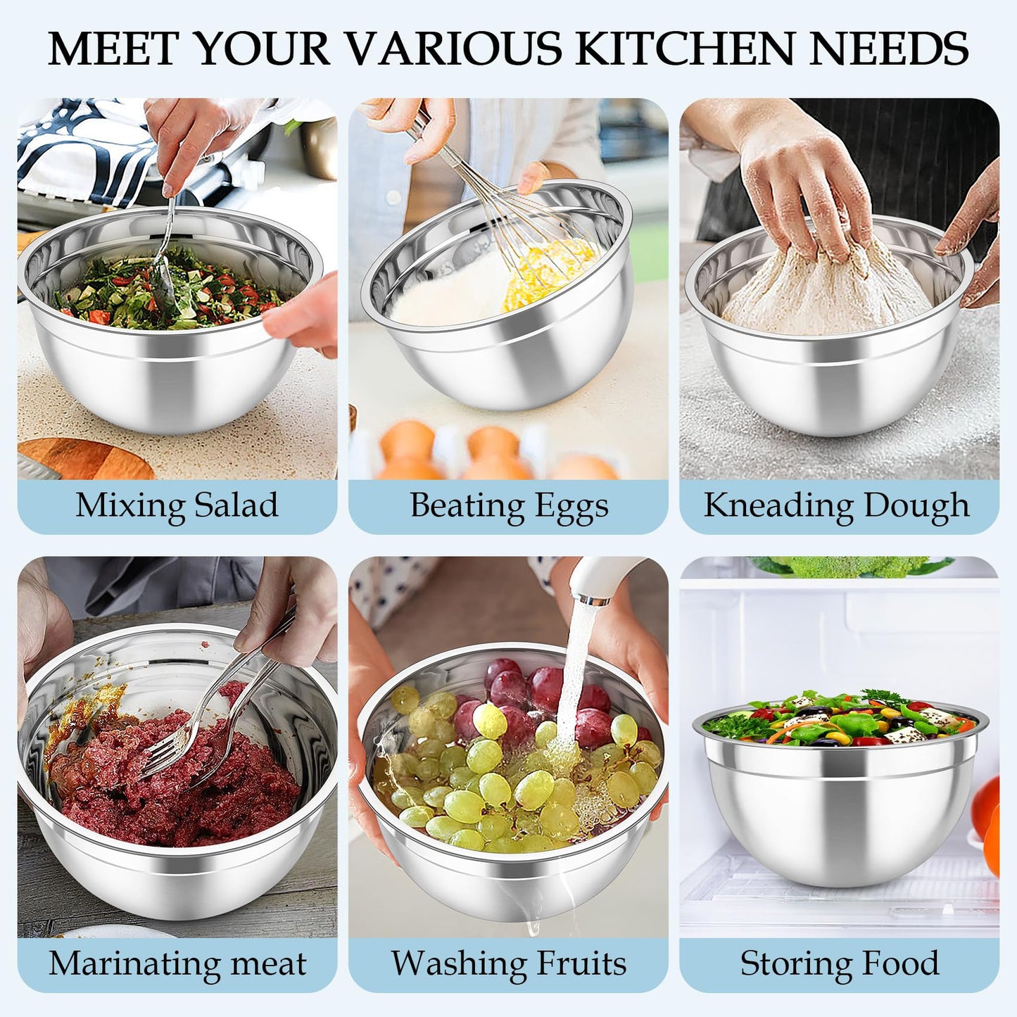 TeamFar Mixing Bowls, Stainless Steel Nesting Salad Bowls with Lids Set of 3 & 3 Grater Attachments, For Mixing/Serving/Storing, Non-toxic & Long-lasting, Size 4.6/3 / 1.5 QT, Black