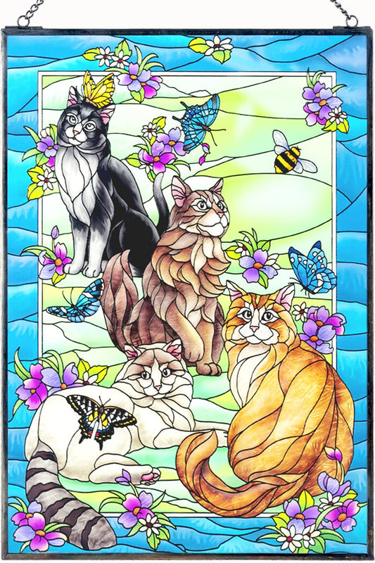 Opohaome Cat Stained Glass Window Hangings for Women Mom 11" W x 15" H Hand-Painted Suncatcher Colorful Hanging Ornament Gifts Cats Memorial Gifts for Cat Lovers Wife Grandma