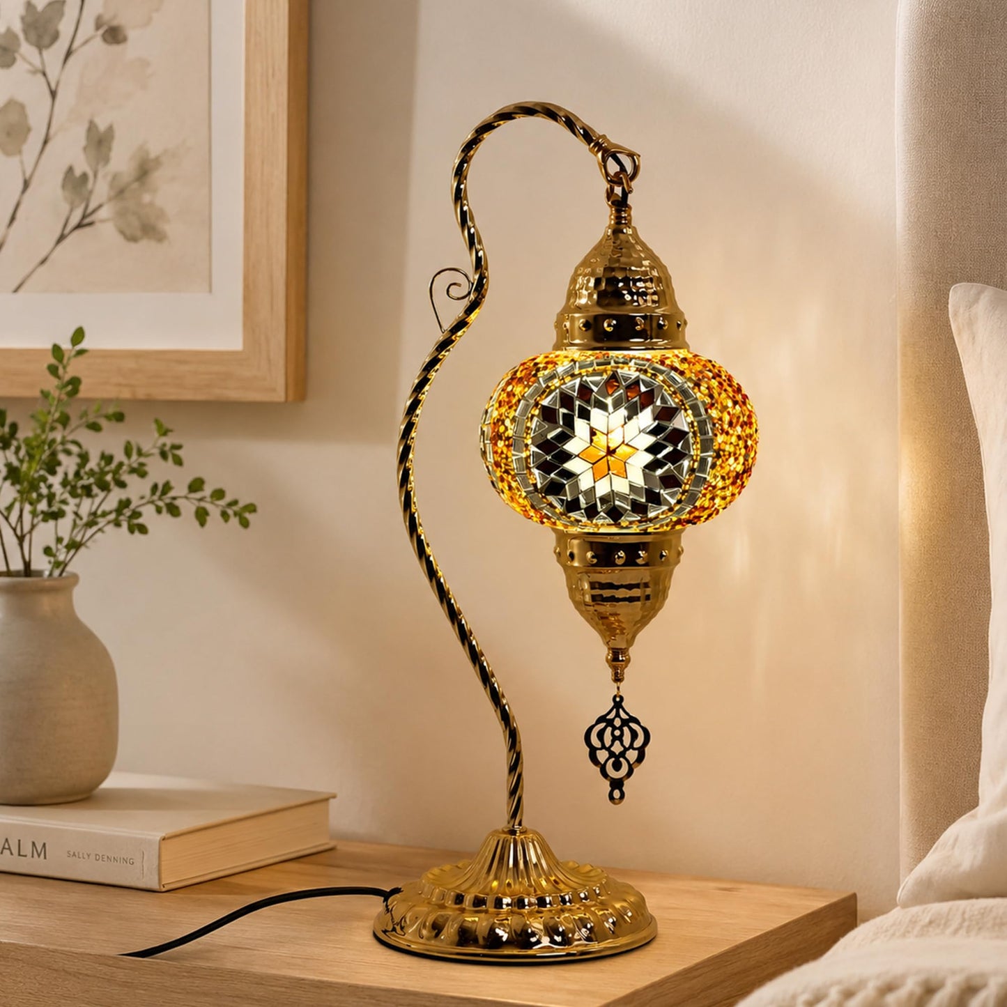 GOGERS Turkish Mosaic Table Lamp, Moroccan Style Swan Neck Bedside Lamp with Handmade Glass Shade, LED Bulb Included, Warm Ambient Decorative Accent Lamp for Bedroom, Living Room, Nightstand (Brown)
