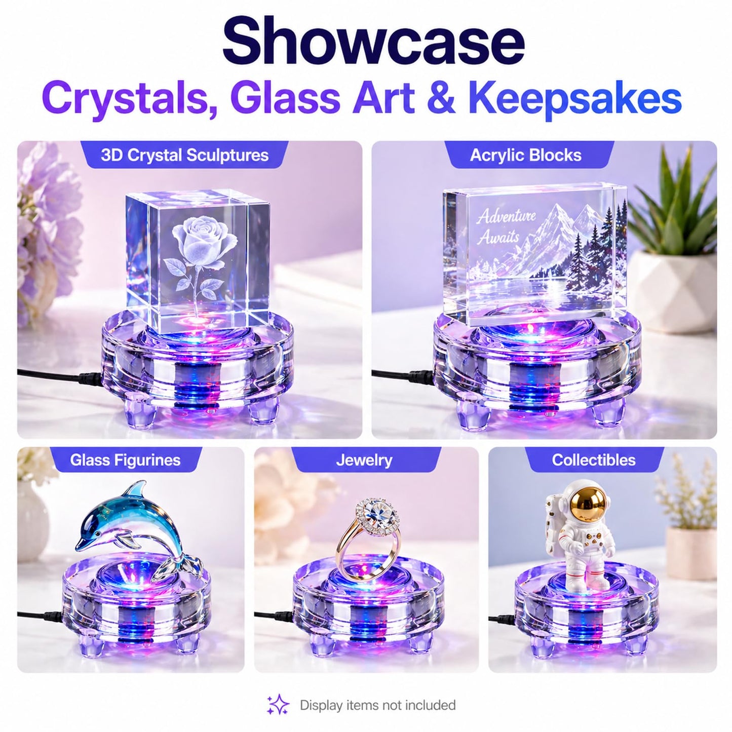 Zerelys Display Multicolor LED Light Base for 3D Crystal Glass Art, Acrylic, Figurines, 7 Color Changing Base, USB Powered (Round)