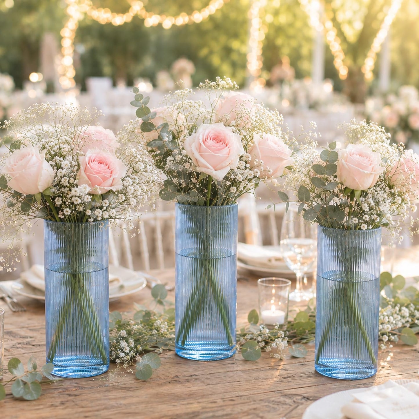 Glass Cylinder Vases, Blue Vases for Centerpieces Set of 3, 8 Inch Tall Ribbed Vase Hurricane Floating Candle Holder, Small Vases for Flowers Wedding Decoration, Home Decor, Housewarming Gift (Blue)