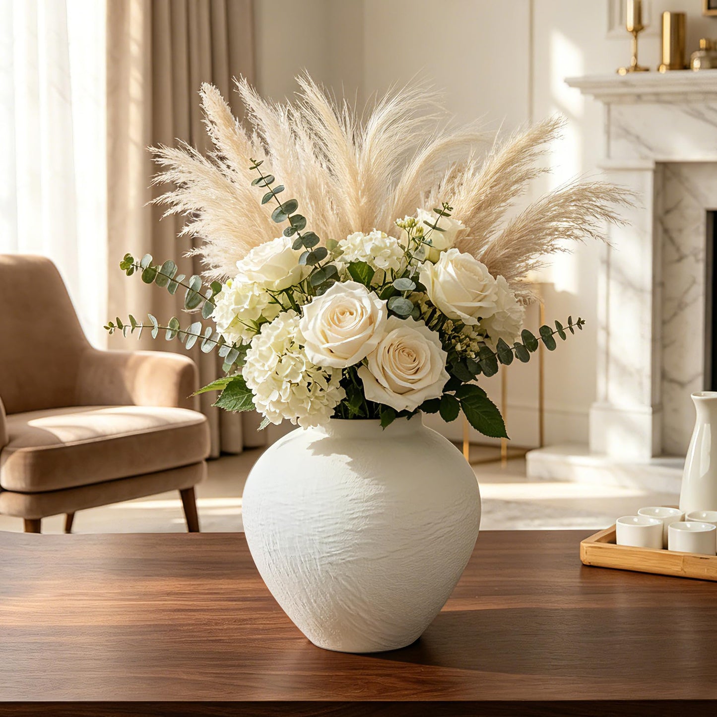 Stone Textured Ceramic Vase, Wabi‑Sabi Minimalist White Flower Vase, Rustic Decorative Centerpiece for Farmhouse, Living Room, Shelf, Dining Table Home Decor