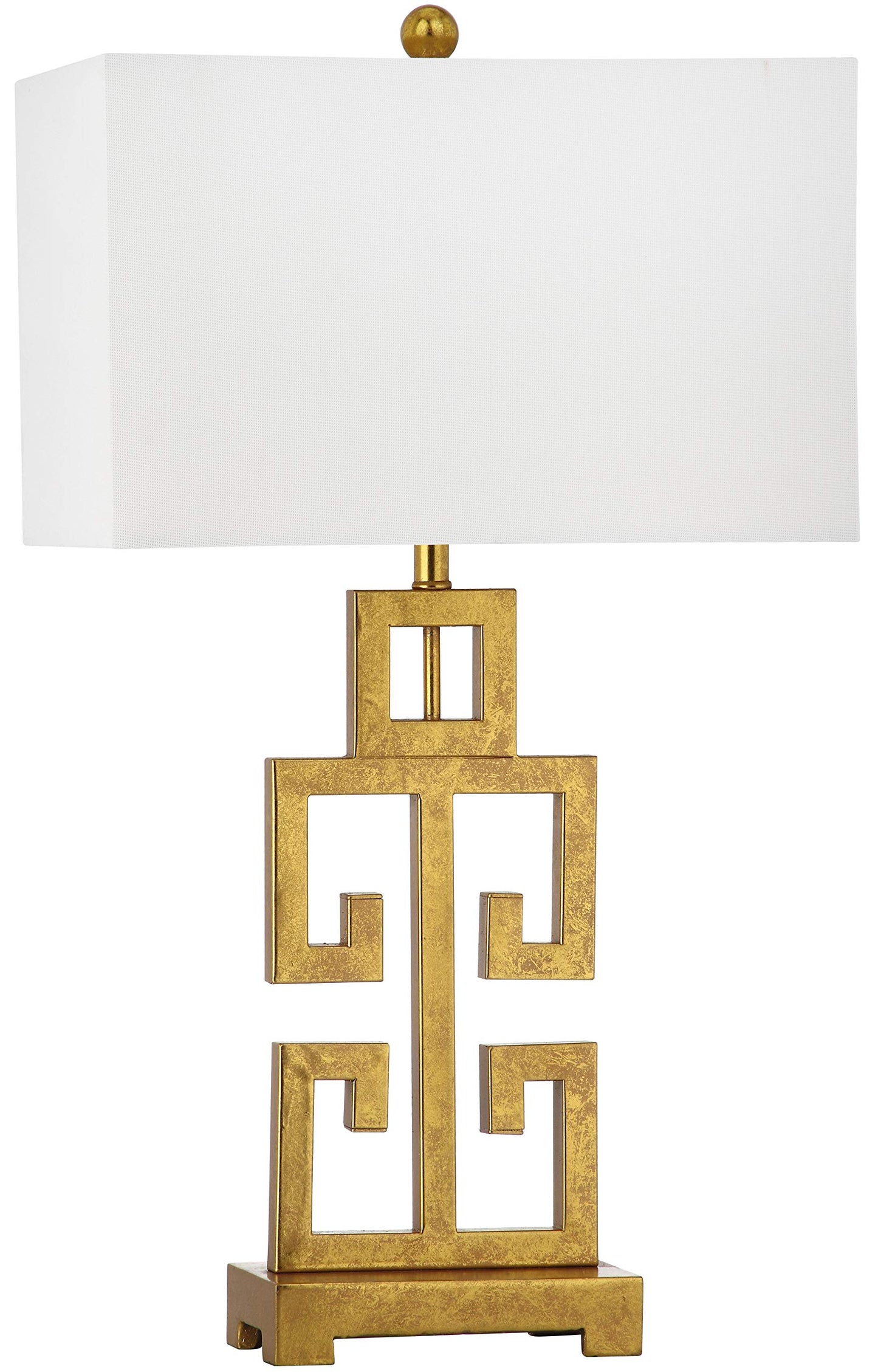 SAFAVIEH Lighting Collection – Greek Key Table Lamp – Antique Gold Metal Base with White Fabric Shade, LED Bulb Included, 29-Inch Bedroom Living Room Desk Lamps (LITS4305A)